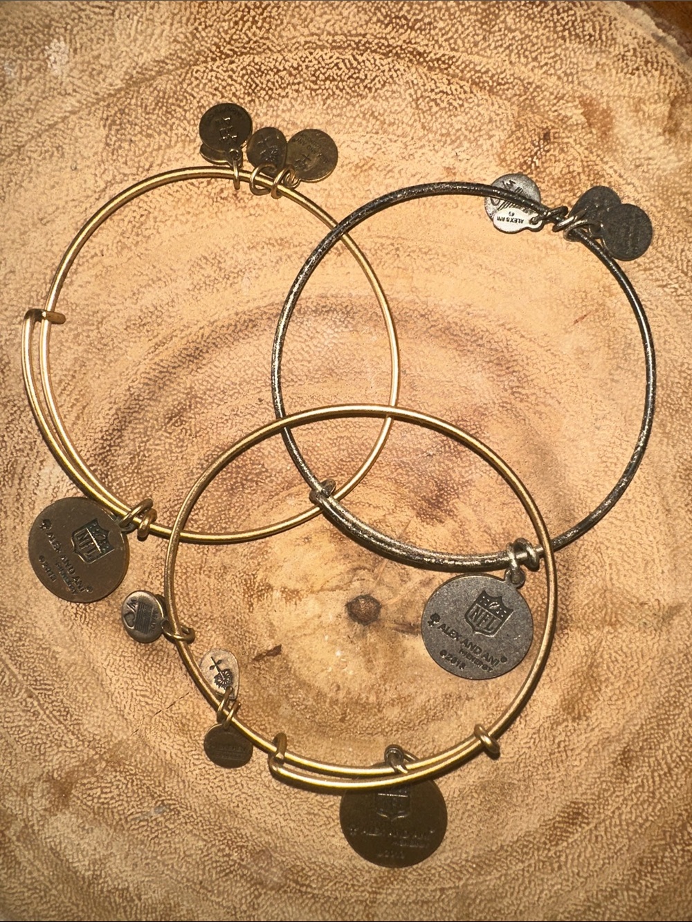 3 Pre Owned Alex & Ani Gold & Silver Jets Charm Bangle Set (FREE silver bangle) - Picture 2 of 3